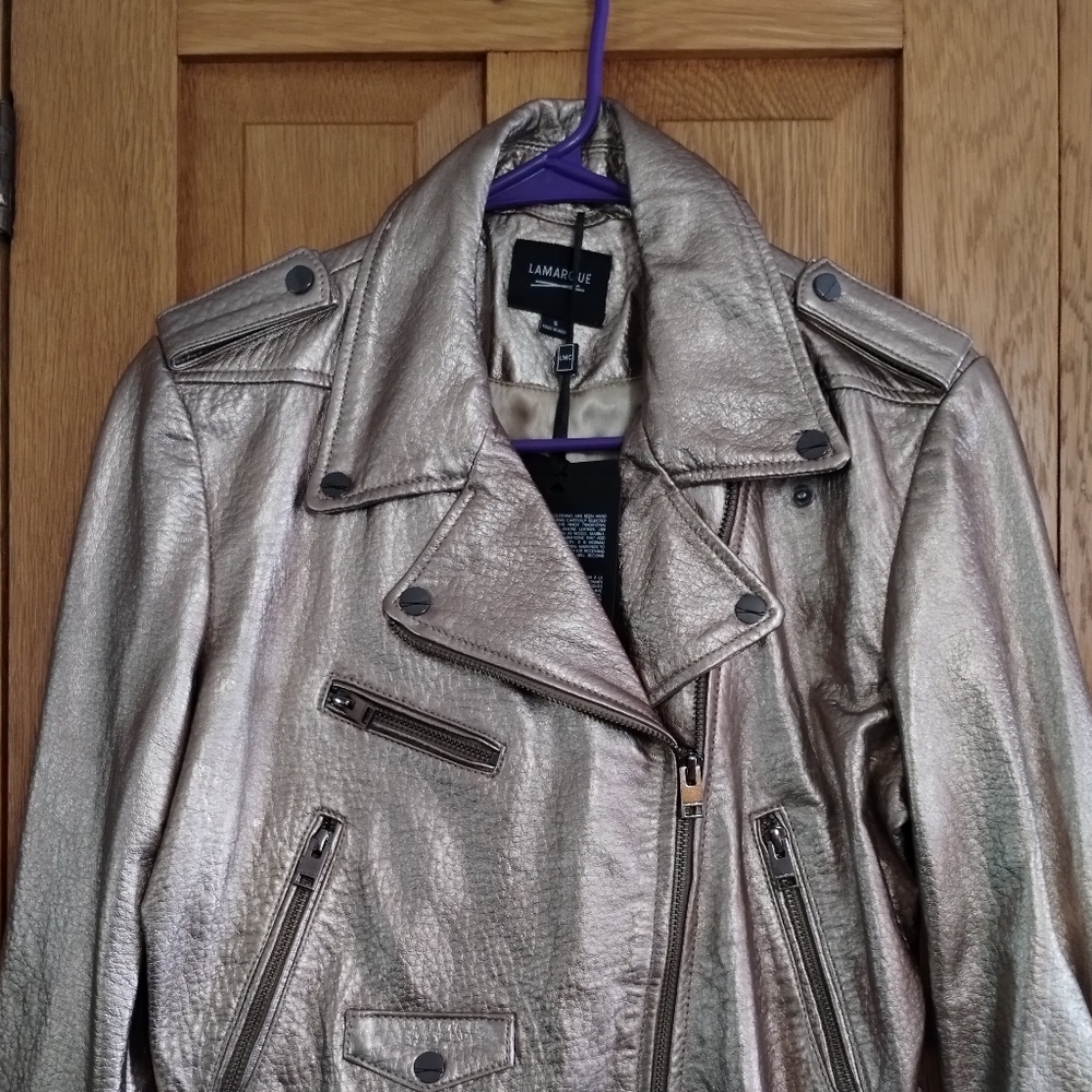 NWT Lamarque Roberto metallic gold leather belted moto jacket - Picture 4 of 15
